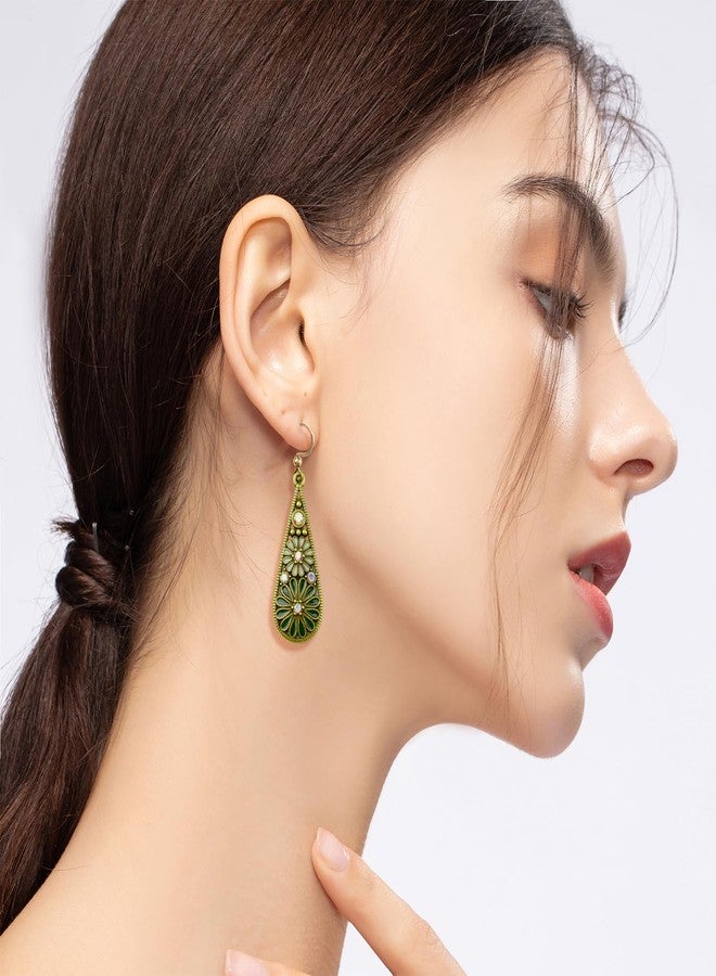 CZMZHFC Bohemian Crystal Teardrop Pendant Earring,Vintage Olive Green Hollow Out Flower Floral Dangle Earrings,National Style Geometry Enamel Flower Hook Earrings,Handmade Ethnic Statement Jewelry for Women - Image 4